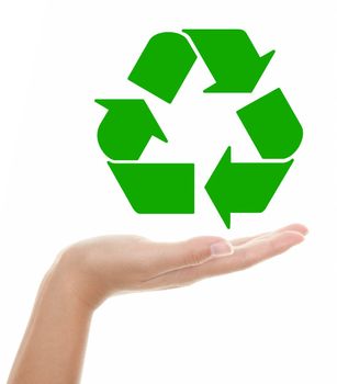 Recycling. Woman showing the icon / symbol for recycling. Isolated on white background.
