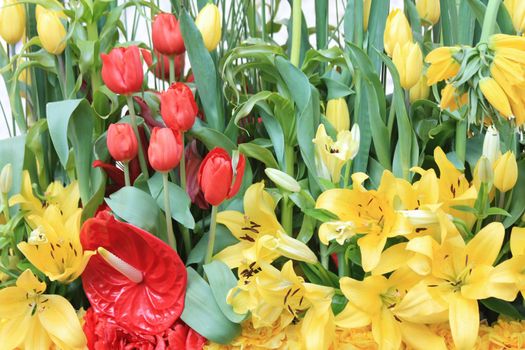 Yellow tigerlilies and red tulips and anthuriums