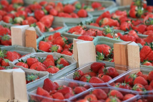 Small carton boxes with fresh strawberries on the market