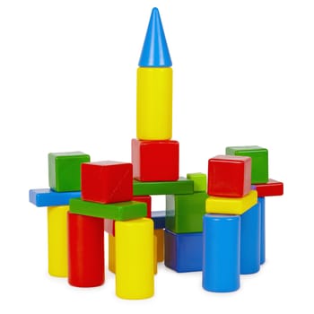 Tower of toy bricks on a white background