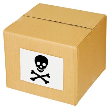 Cardboard box with skull and cross-bones sign on white