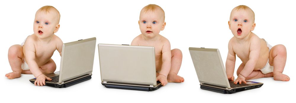 Three baby in diapers with laptops on a white background - collage