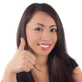 Young attractive asian woman giving thumbs up sign, isolated on white