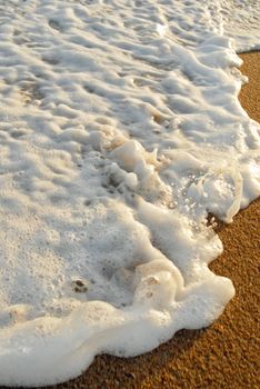 Wave foam and golden sand on the shore. 