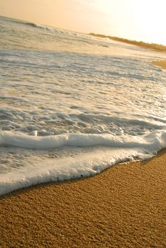 Wave foam and golden sand on the shore. Beach landscape