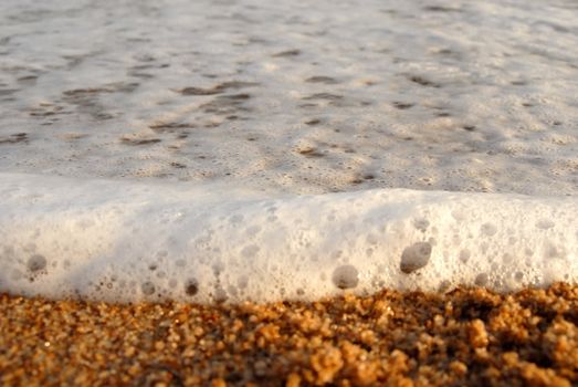 Wave foam and golden sand on the shore. Closeup shot