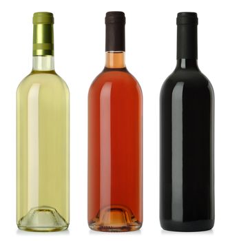 Three merged photographs of white, rose, and red wine bottles.  Separate clipping paths for each bottle included.