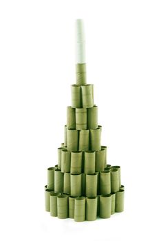 Christmas Tree made with cardboard rolls of toilet paper. Green tones. White background