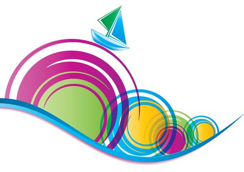 Little ship on multicolor wave, illustration