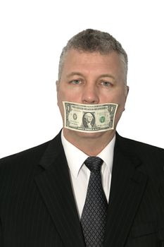 Businessman with a dollar bill on his mouth.