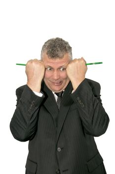 A middle-aged business man with two pens on either side of his head.