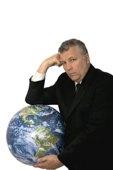 A middle-aged businessman with the Earth.