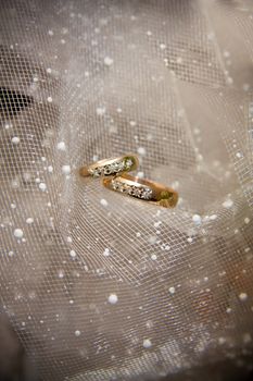 Gold wedding rings on the tulle