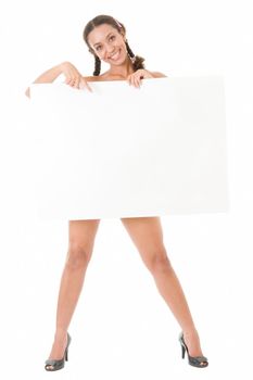 beautiful woman with big billboard standing against isolated white background