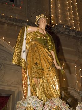 Local village festa in the town of Zurrieq in Malta celebrating their patron saint St Catherine of Alexandria The statue is adorned in real gold