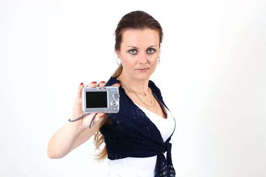 The attractive woman show YOUR photo on digital camera  on white background 