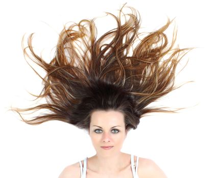 The woman looking up on white background