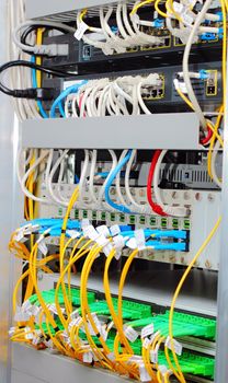 fiber optic datacenter with media converters and optical cables 
