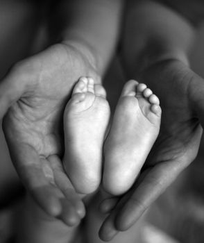 Parents hands hold baby boy legs