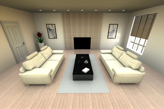 3D rendered Illustration. Interior visualisation of a living room.