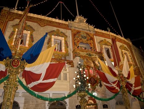 St Catherine Band Club facade decorated during local village festa in the town of Zurrieq in Malta celebrating their patron saint St Catherine of Alexandria