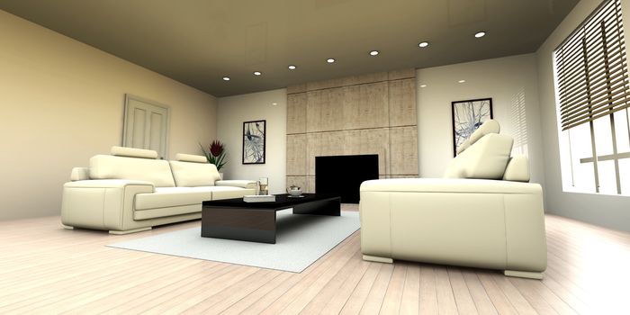 3D rendered Illustration. Interior visualisation of a living room.