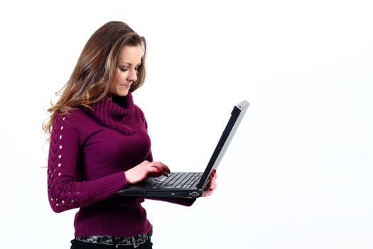 Atractive woman with notebook on white background