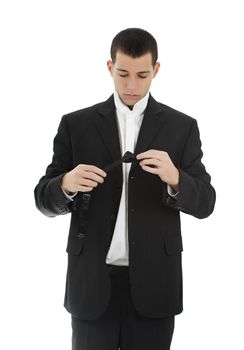 young caucasian man wearing tuxedo, white background