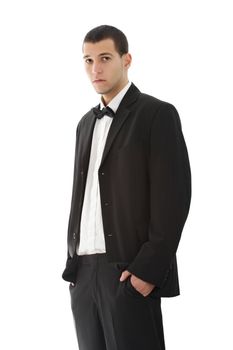 young caucasian man wearing tuxedo, white background