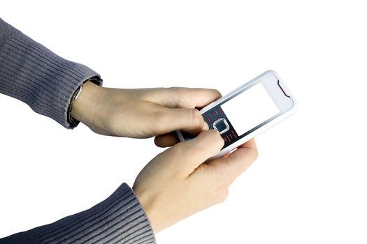 Young female holding stylish white mobile phone