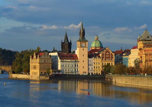 View on embankment of Old city and part of Charles bridge in Prague.