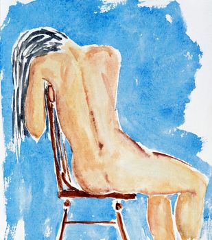 Hand drawing of the nude figure - watercolor, paper. Nonexistent person. I created this painting. I am owner of the art original.