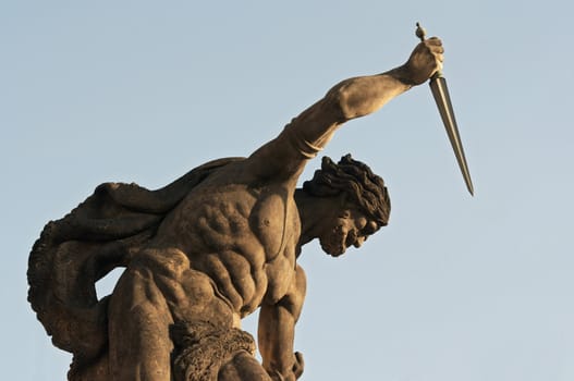 Shot of the architectural detail - sculpture- mythological scene Match of Giants
Author - I. Platzer 1768.
Prague, Czech republic, Europe.