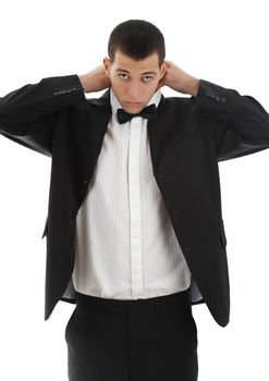 young caucasian man wearing tuxedo, white background