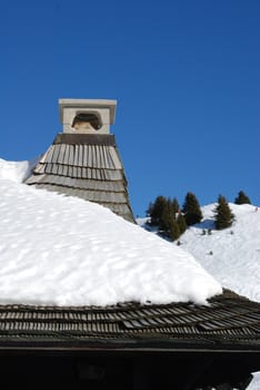 Roof of the swiss chalet in winter