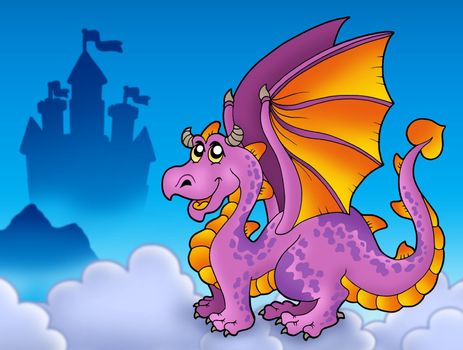 Big purple dragon near castle - color illustration.