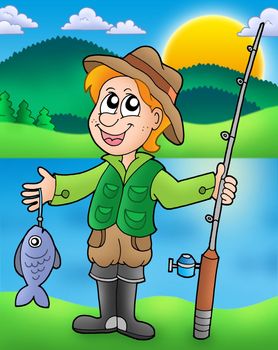 Cartoon fisherman with fish - color illustration.