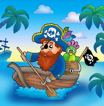 Cartoon pirate paddling in boat - color illustration.