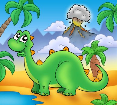 Cute green dinosaur with volcano - color illustration.