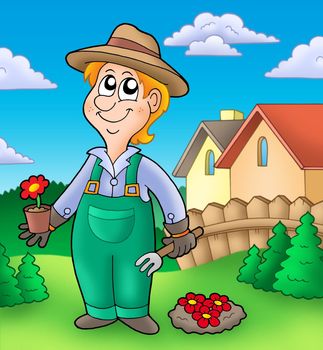 Gardener planting red flowers - color illustration.