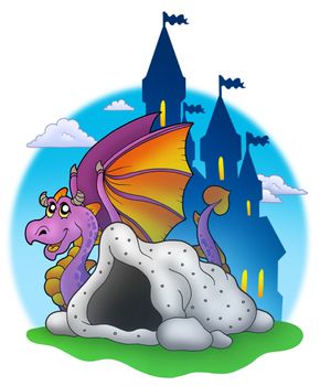 Giant purple dragon near cave - color illustration.
