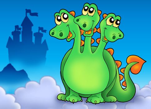 Green three headed dragon on sky - color illustration.