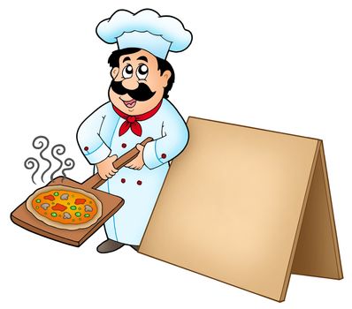Chef with pizza plate and board - color illustration.