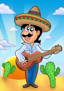 Mexican musician with sunset - color illustration.
