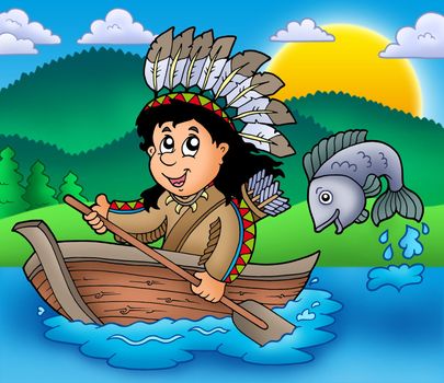 Native American Indian in boat - color illustration.