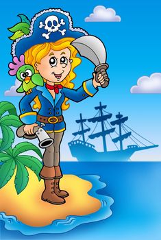 Pretty pirate girl on island - color illustration.