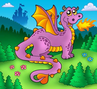 Big purple dragon with old castle - color illustration.