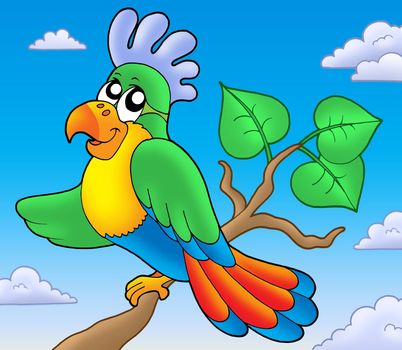 Cartoon parrot on branch - color illustration.