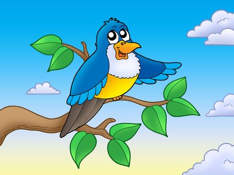 Cute blue bird on branch - color illustration.