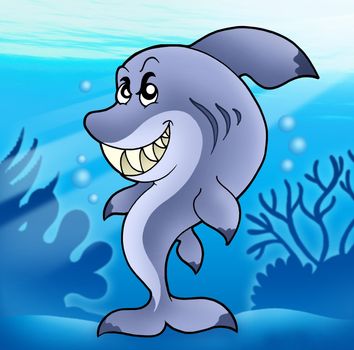 Cute funny shark in sea - color illustration.
